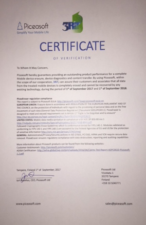 picea-cert-300 Piceasoft certificering document om telefoon te wissen
